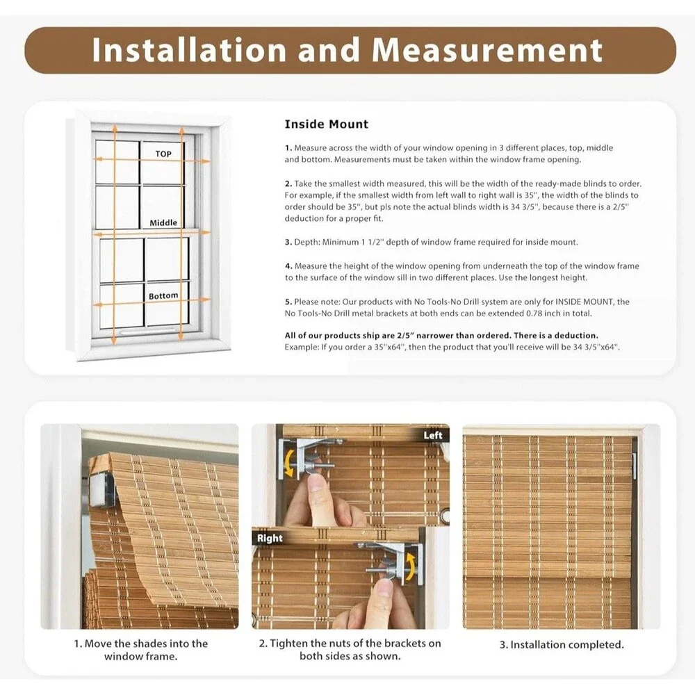 LazBlinds No Tools No Drill Cordless Bamboo Shades Light Filtering 26